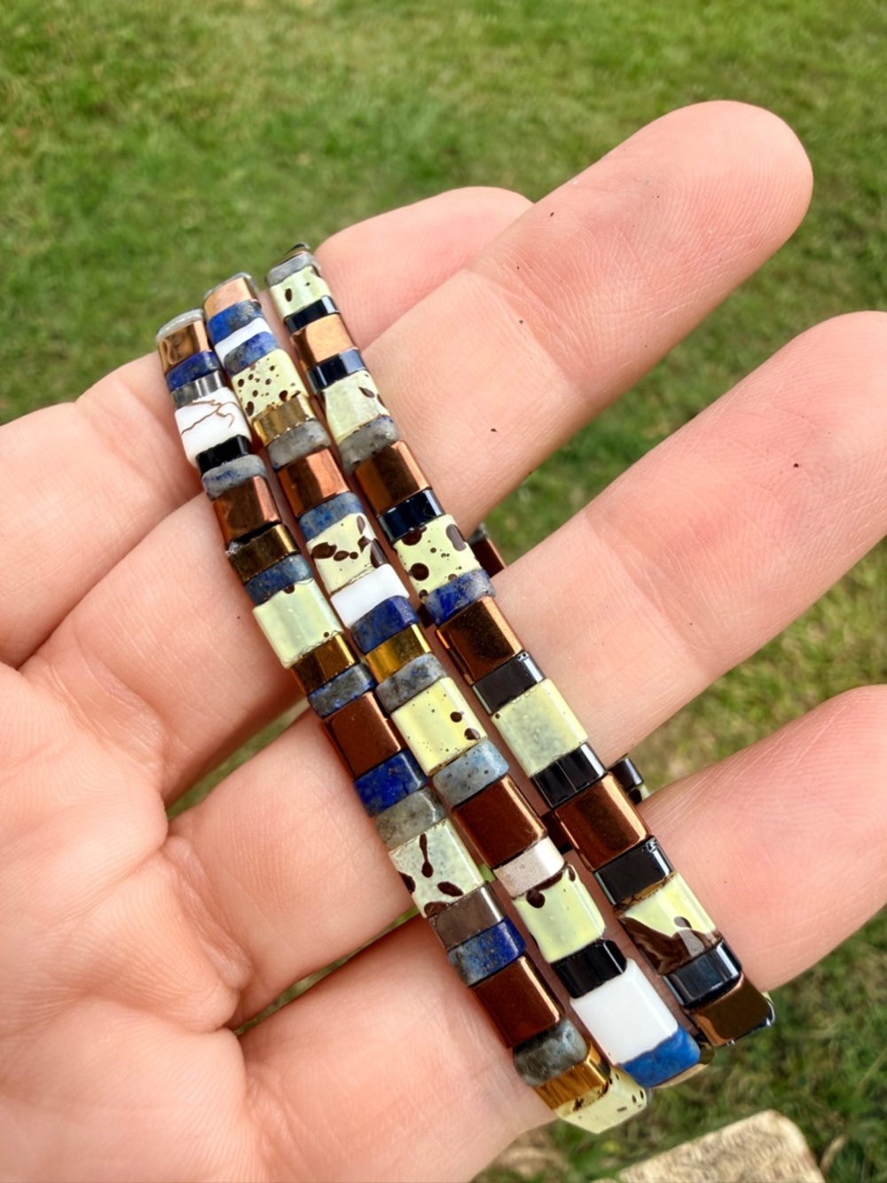 Multicolor Tile Bead Stretch Bracelet - Brown, Blue & Cream